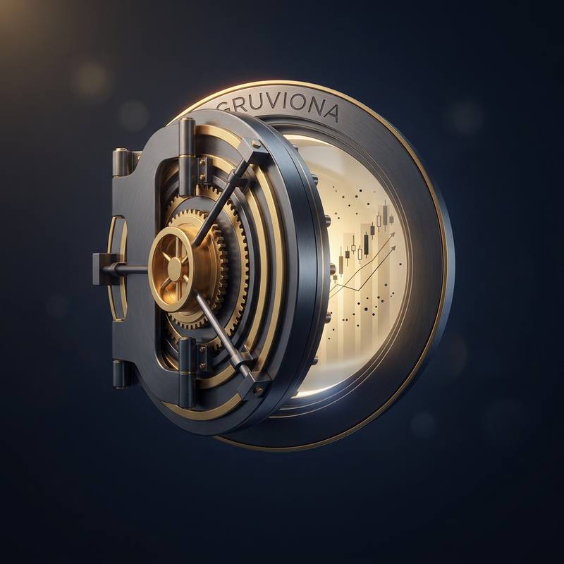 A gold-trimmed steel vault door bearing the Gruviona name, opening onto a softly lit price chart