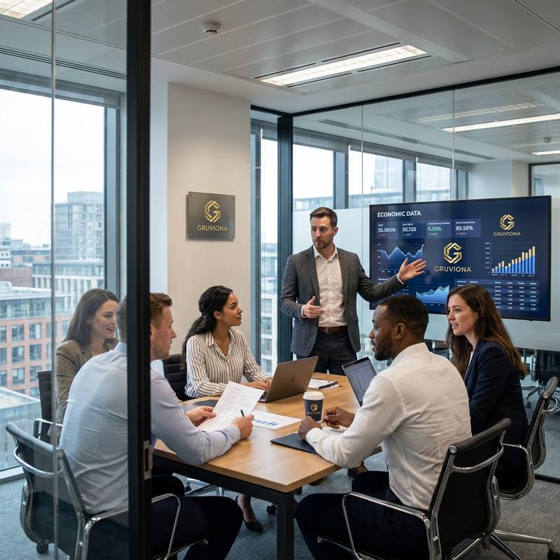 The Gruviona team in a glass-walled London meeting room overlooking the city, gathered around a table while a colleague presents economic data on a Gruviona-branded wall screen